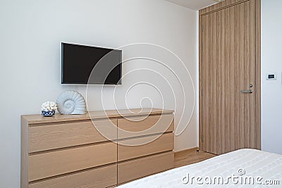 Interior design in villa, house, home, condo and apartment feature television, TV console standing lamp and curtain Stock Photo