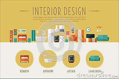 Interior design web banner template, Bedroom, bathroom, kitchen, living room project vector Illustration Vector Illustration