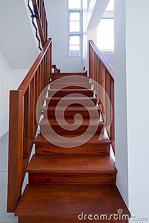 The interior design of wood stair is a modern style in the white Stock Photo