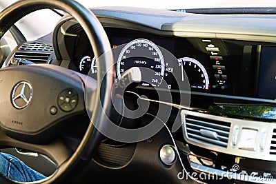 Interior (Designo) of used Mercedes-Benz S-Class S350 long (W221) car stand on a street in Mytishchi District in Moscow Oblast, R Editorial Stock Photo