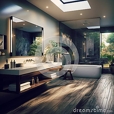Interior Designs making everyone's life easier, luxurious bathroom with panorama Stock Photo
