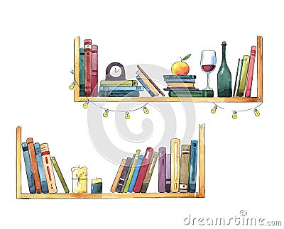 Interior details. Bookshelves with books and different objects watercolor illustration Cartoon Illustration