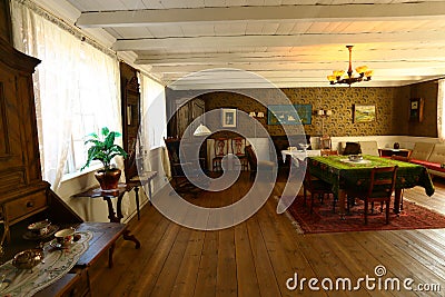 Interior dining room at ancient Norwegian village wooden house Editorial Stock Photo