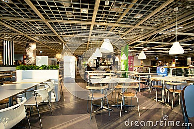 Interior of the dining room in cafe of the huge IKEA store Editorial Stock Photo