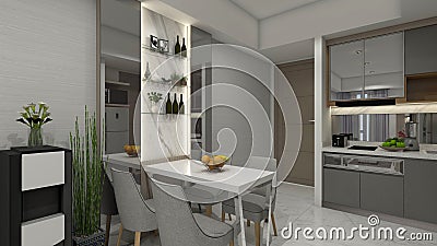 Interior Dining Room Design with Minimalist Dining Table and Lighting Decoration Stock Photo