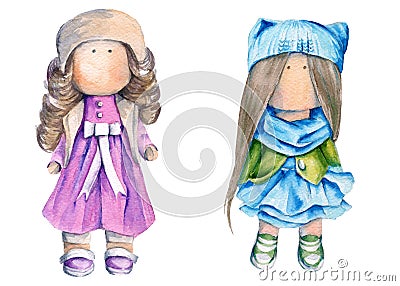 Interior doll girl in clothes. Watercolor illustration Cartoon Illustration