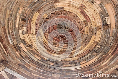 Interior of a dome in the arcades close of the big minaret, Qutub Minar complex. Round ceiling in the minaret. Delhi India Stock Photo