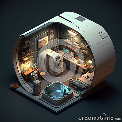 Interior of a doomsday escape human living pod with bathroom and working area Stock Photo