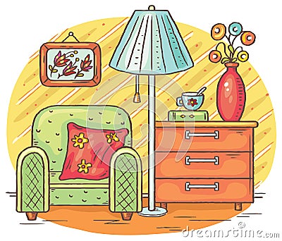 Interior drawing with an arm-chair, lamp and chest of drawers Vector Illustration