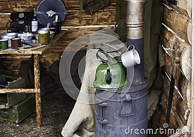 Interior of dugout Soviet soldiers during second world war, reconstruction Stock Photo