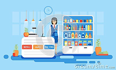 Interior, duty free, tax, retail at airport for flights, business travel in flat style Vector Illustration