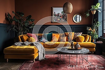 Interior of eclectic living room with cozy colored upholstered chairs, couch and other colorful furniture and items Stock Photo