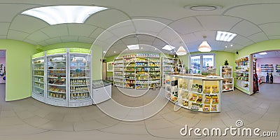 Interior of eco-store with food and fridges. 3D spherical panorama with 360 degree viewing angle. Ready for virtual reality in vr. Stock Photo