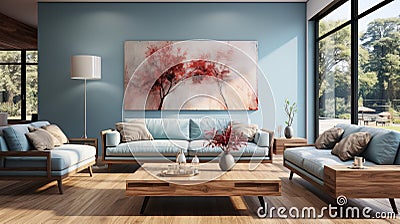 Interior of elegant modern living room in luxury villa. Stylish cushioned furniture, wooden coffee table, poster Stock Photo