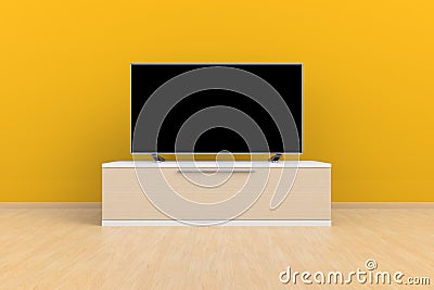 Interior of empty room with TV, Living room led tv on yellow wall with wooden table modern loft style Stock Photo