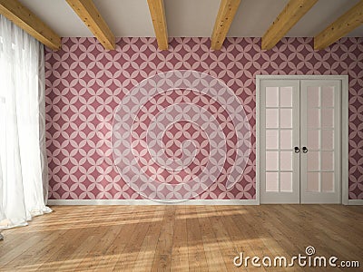 Interior of empty room with vinous wallpaper and door 3D renderi Stock Photo