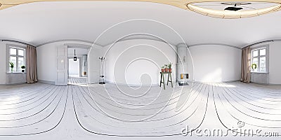 360 interior of empty scandinavian apartment interior without furniture with large wall and landscape in window Cartoon Illustration