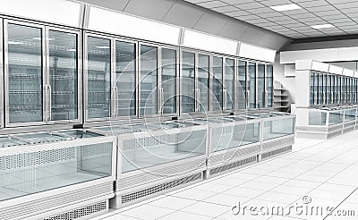 Interior empty supermarket with showcases freezer. Cartoon Illustration