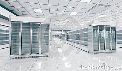 Interior empty supermarket with showcases freezer. Cartoon Illustration