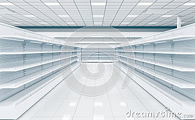 Interior empty supermarket with showcases freezer. Cartoon Illustration