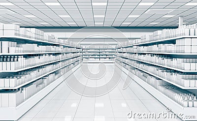 Interior empty supermarket with showcases freezer. Cartoon Illustration