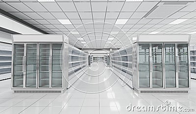 Interior empty supermarket with showcases freezer. Cartoon Illustration