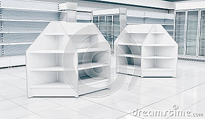 Interior empty supermarket with showcases freezer. Cartoon Illustration