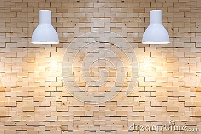 Interior empty wooden wall background with lamps over Stock Photo