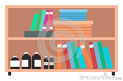 Interior equipment of a clinical office wooden cupboard with shelves with books and medicines Cartoon Illustration