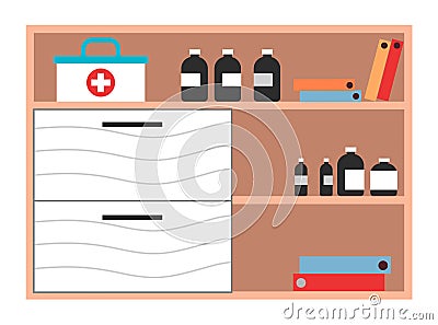 Interior equipment of a clinical office wooden cupboard with shelves with books and medicines Vector Illustration