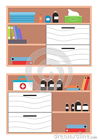 Interior equipment of a medical office white cupboard with shelves with books and medicines Vector Illustration