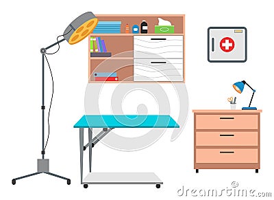 Interior equipment of medical office shelf with medicines table with stationery, surgical floor lamp Vector Illustration