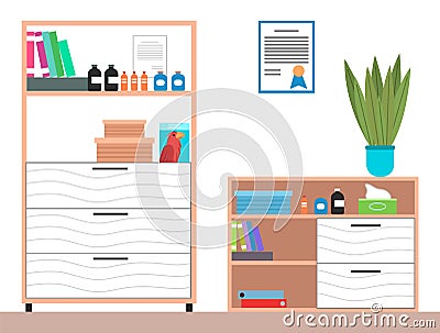 Interior equipment of a veterinary office white cupboard with shelves with books and medicines Vector Illustration