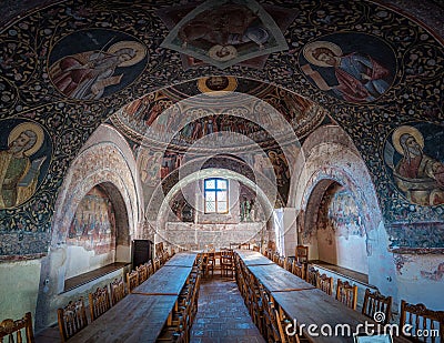 An exquisite ancient church featuring a plethora of detailed paintings on its arched ceiling Editorial Stock Photo