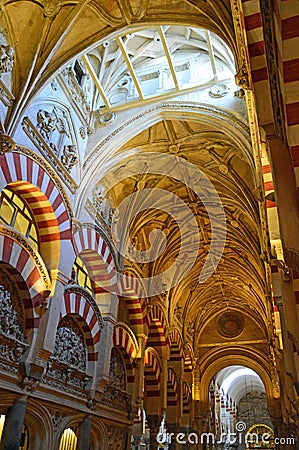 The famous double archways and vaulted ceiling at the Mezquita Cordoba, Andalucia, Spain Editorial Stock Photo