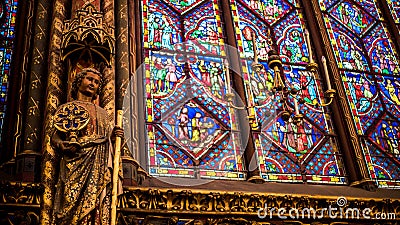 Interior Famous Saint Chapelle, Details Of Beautiful Glass Mosaic Windows Editorial Stock Photo