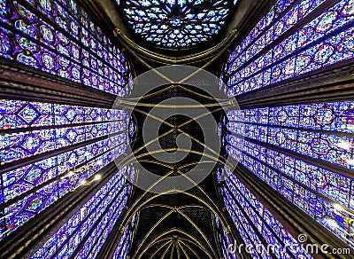 Interior Famous Saint Chapelle, Details Of Beautiful Glass Mosaic Windows Editorial Stock Photo