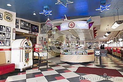 Interior of the famous vintage 1952 Galaxy Diner on route 66 Editorial Stock Photo