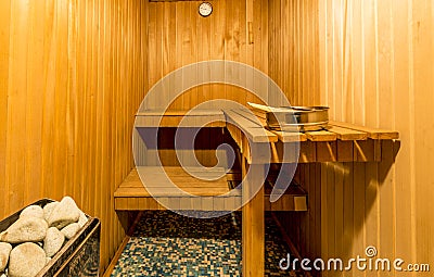 Interior of a Finnish wooden sauna Editorial Stock Photo