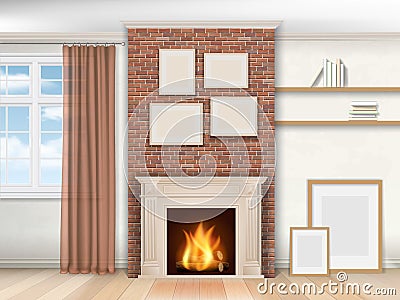 Interior with fireplace and window Vector Illustration