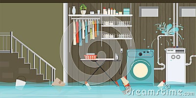 Interior flooded basement flooring of laundry room with leaky pi Vector Illustration