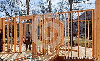 Interior framing of a new house under construction Stock Photo