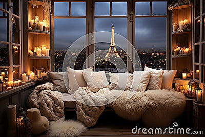 Interior of a French apartment overlooking the Eiffel Tower, winter evening in Paris Stock Photo