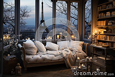Interior of a French apartment overlooking the Eiffel Tower, winter evening in Paris. Stock Photo