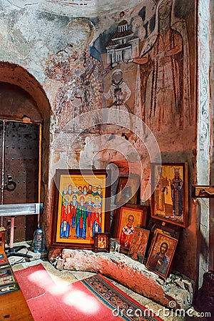 Interior and frescoes mural in Nikortsminda Cathedral in Racha, Georgia Editorial Stock Photo