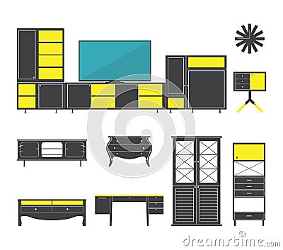 Interior and furniture icons set in flat design. Vector. Vector Illustration