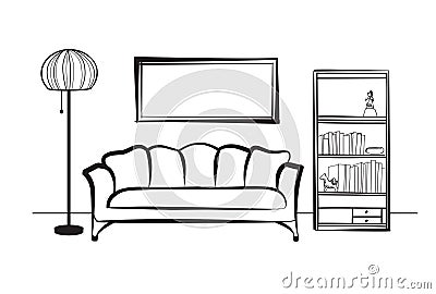 Interior furniture with sofa, floor lamp, book shelf, books and Stock Photo