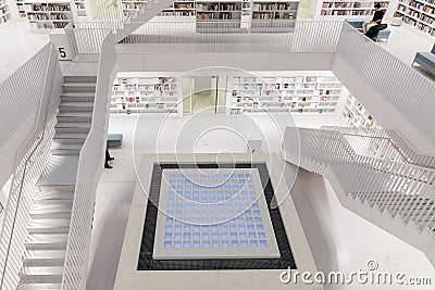 Interior of futuristic Library in white with staircases. Editorial Stock Photo