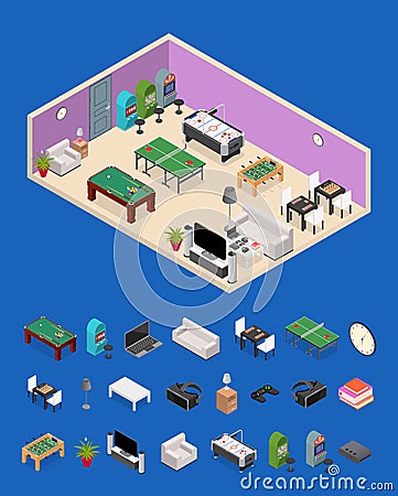 Interior Game Room and Parts Isometric View. Vector Vector Illustration