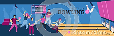 Interior of game zone with group young people playing bowling with balls and pins Vector Illustration